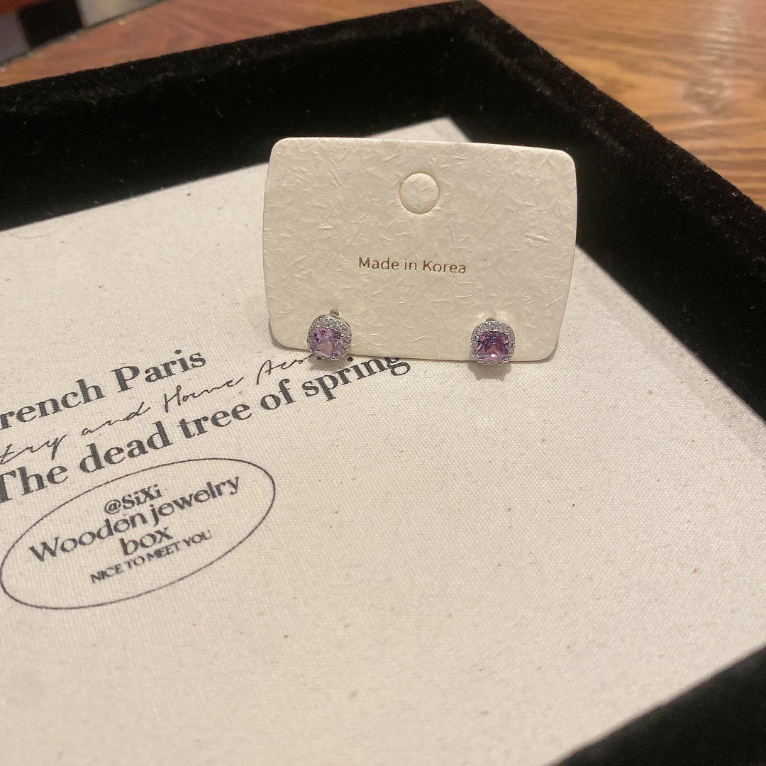 铜合金锆石耳饰 轻奢高级感紫色方糖耳环耳钉复古文艺百搭
