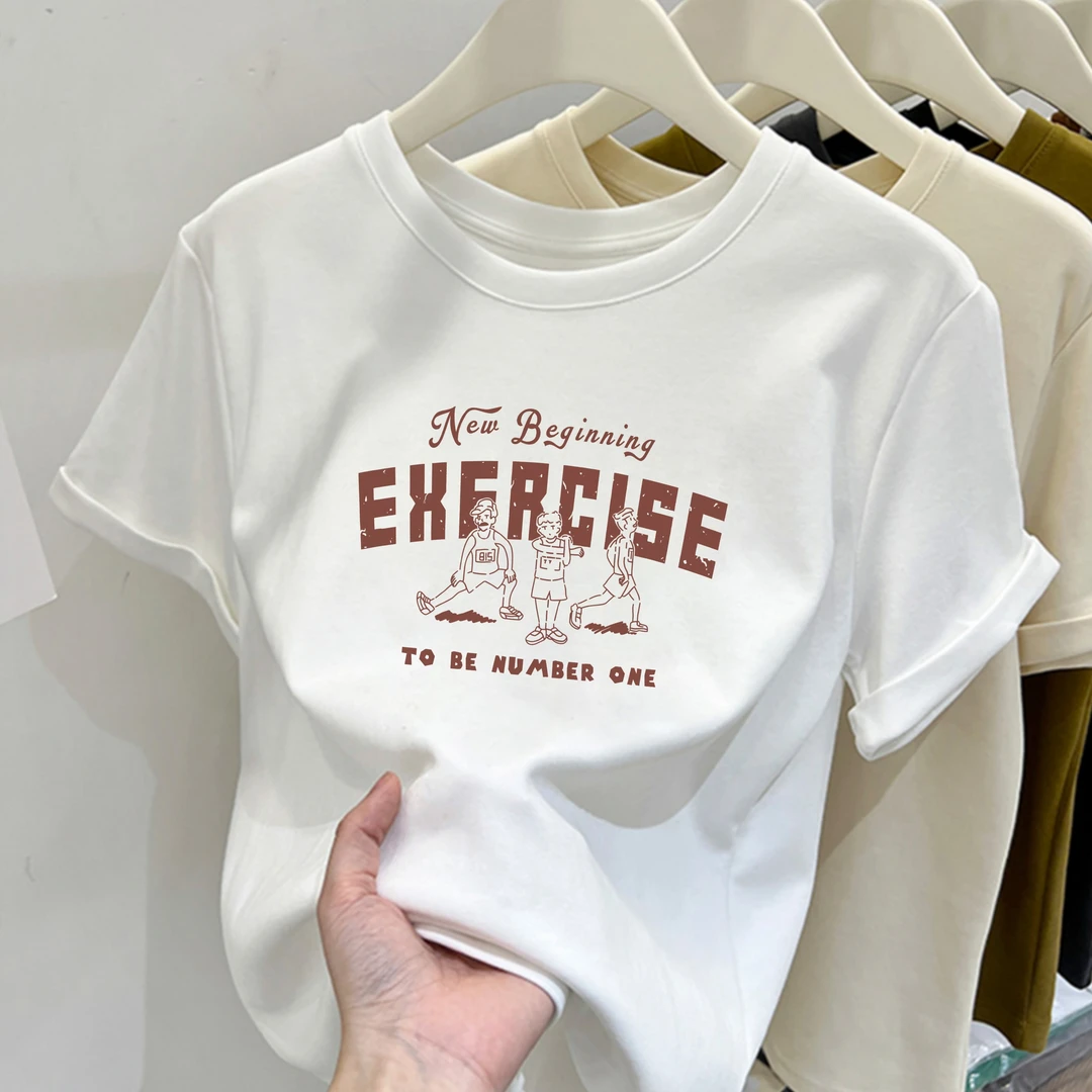 2025夏新款T恤圆领EXERCISR简笔画马拉松男孩印花纯棉短袖女上衣