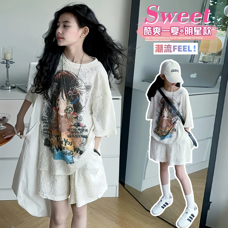 女童夏季卡通女孩蕾丝套装女学生潮流时尚网红设计感短袖短裤套装