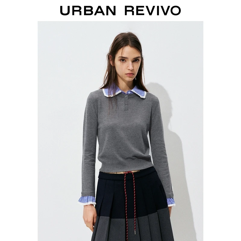 UR2025秋季新款女学院风假两件拼接格纹花边针织衫UYY950113+