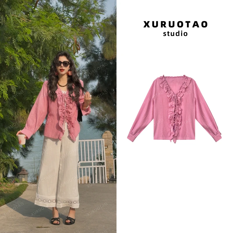XURUOTAO 【粉玫瑰】 100棉设计感粉色罩衫衬衫 T5148