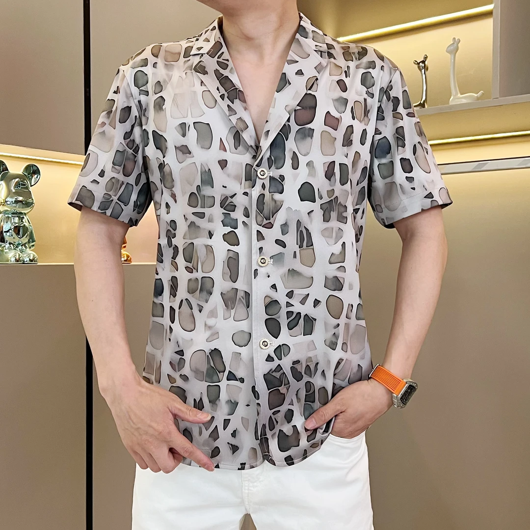 25男士夏季短袖西服领衬衫提花翻领修身时尚轻奢弹力半袖上衣