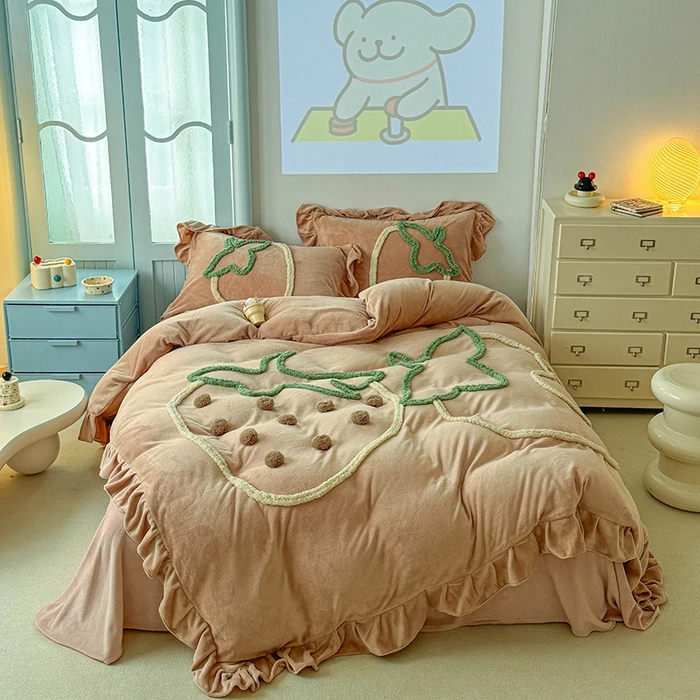 水星家纺冬季加厚牛奶绒床上用品保暖联名君吻床上套件珊瑚双面绒