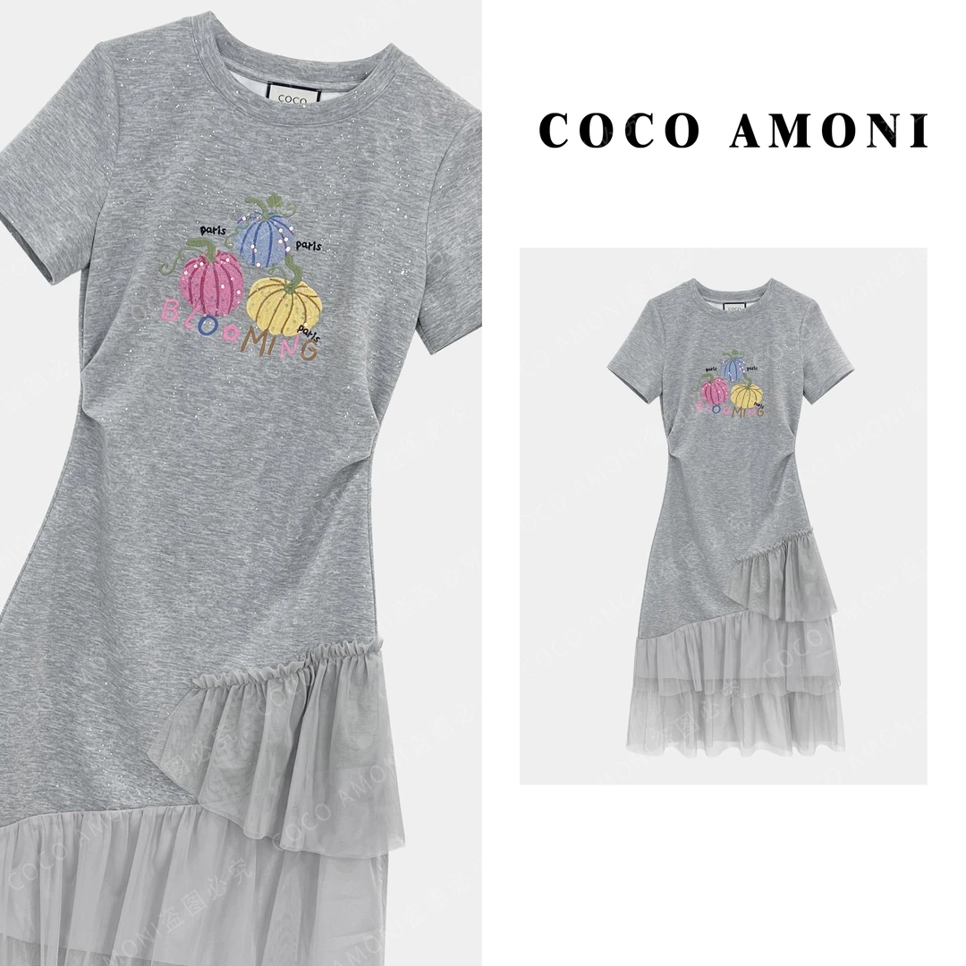 新款带亮钻设计时尚女拼接重工刺绣南瓜收腰显瘦气质连衣裙AC357