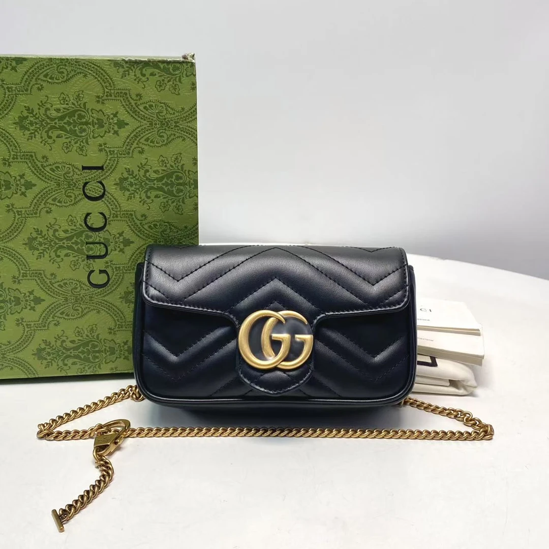99新 GUCCI/古驰 思斯亲用 黑金马蒙mini链条包THCJ177