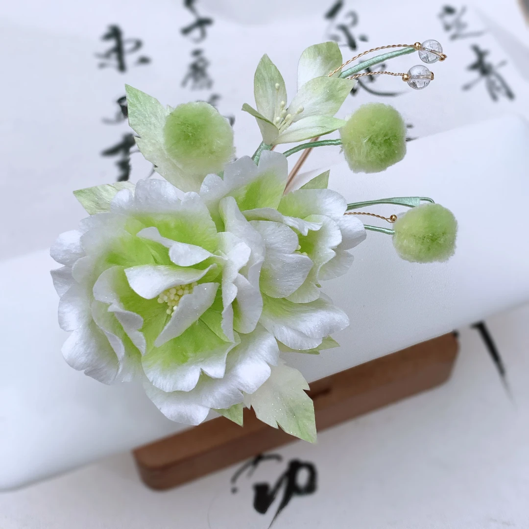 锦簪阁绿色绒花烫平设计蚕丝绒花百搭发饰非遗工艺