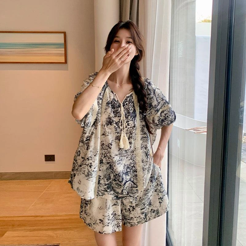 新中式国风水墨画印花套装女2025夏季新小个子短袖上衣短裤两件套