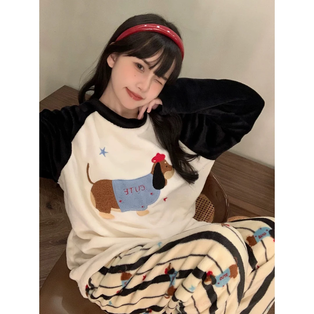 韩版可爱腊肠狗情侣睡衣女冬季珊瑚绒卡通加厚加绒插肩家居服套装