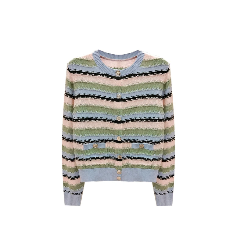 HW 印花女文艺厚款心形常规毛针织衫秋款条纹休闲开衫-2611