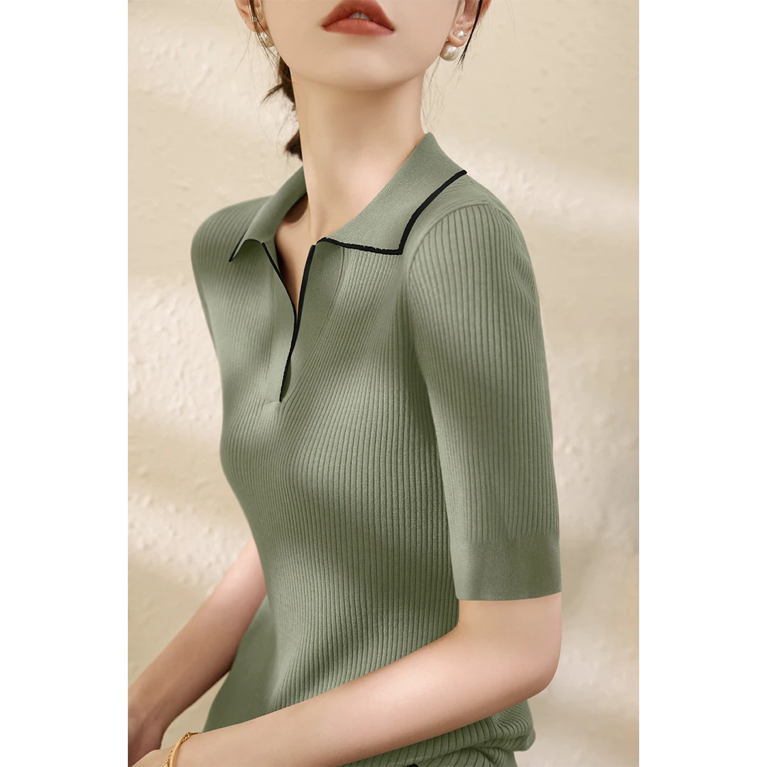 2025年夏季新款女装修身显瘦POLO领五分袖针织衫拼色V领打底上衣