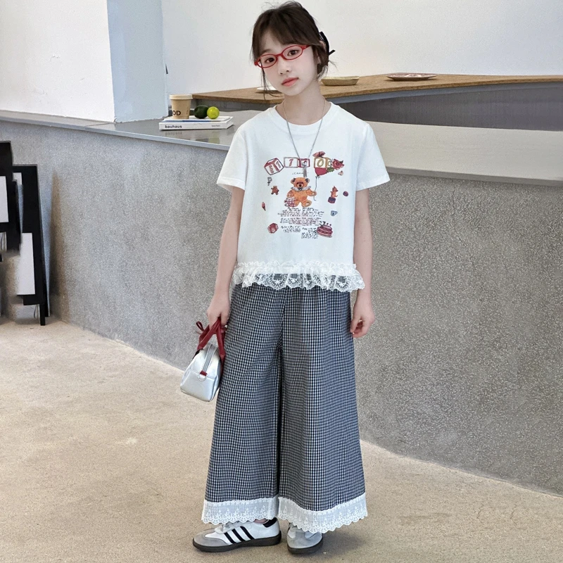 女童夏季套装2025新款6-12岁15岁中大童短袖女孩格子裤夏装两件套