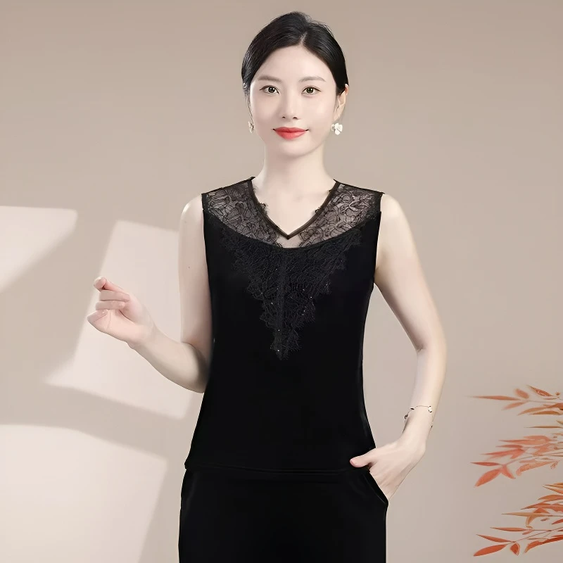 2025新款时尚百搭蕾丝丝绒V领背心女通勤舒适修身内搭无袖