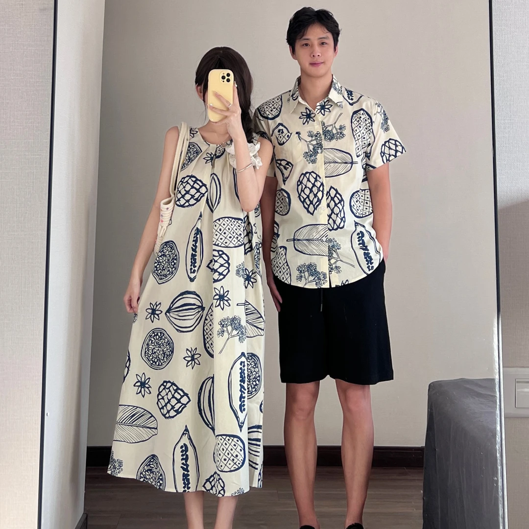 情侣装夏季印花长款海边度假风沙滩装连衣裙男衬衫一裙一衣潮