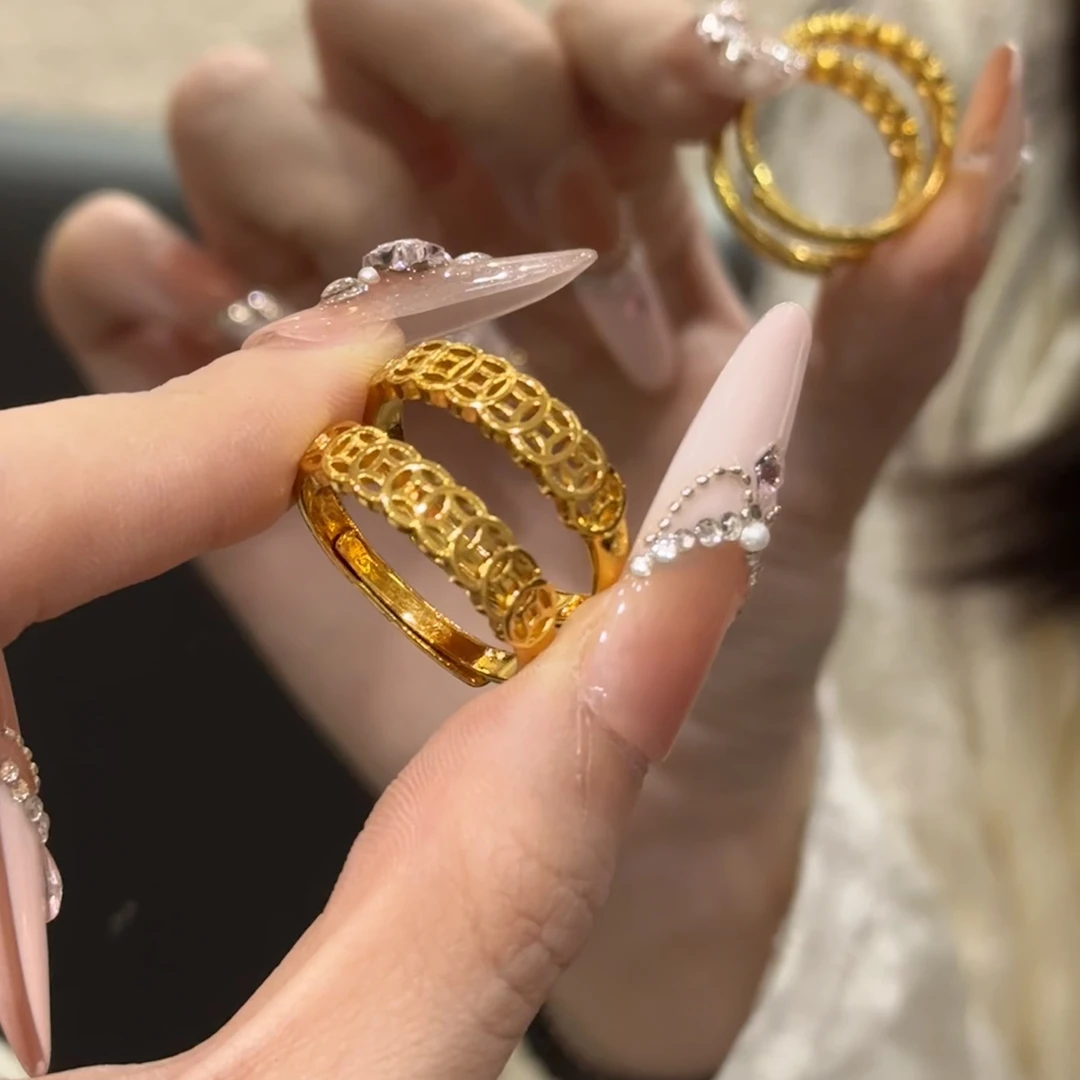 合金戒指 镂空铜钱戒指满圈钱币食指戒小众复古开口可调节指环