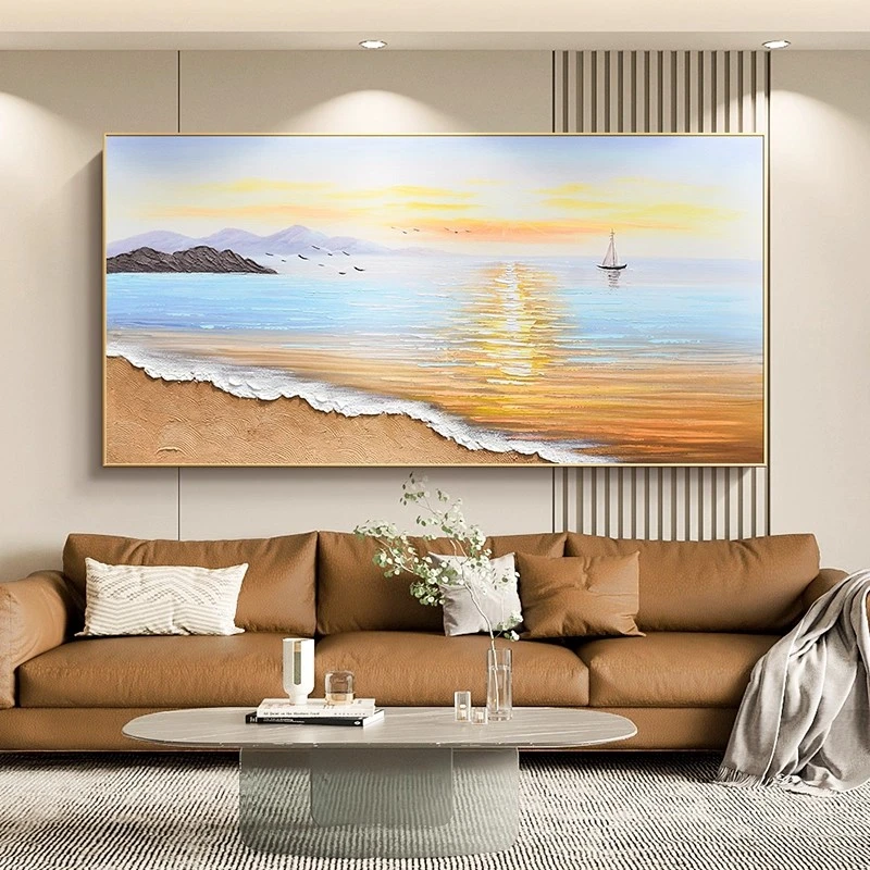 帆船风景客厅装饰画日照海浪挂画客厅高级感沙发背景大幅落地挂画