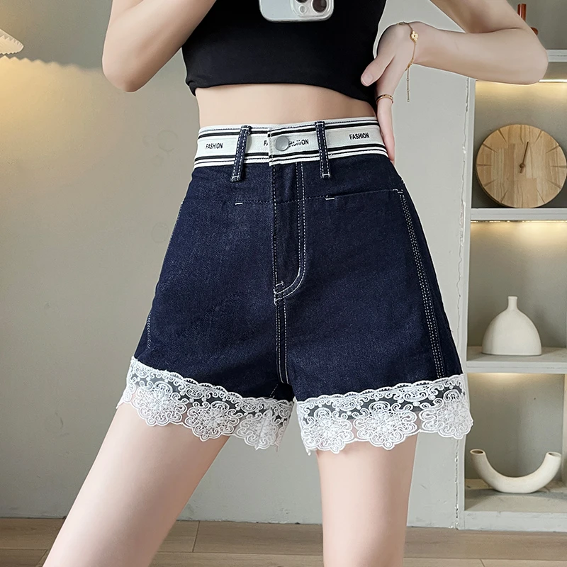 丹宁蓝弹力白色花边女牛仔短裤夏季丹宁风阔腿宽松安全裤收腹提臀