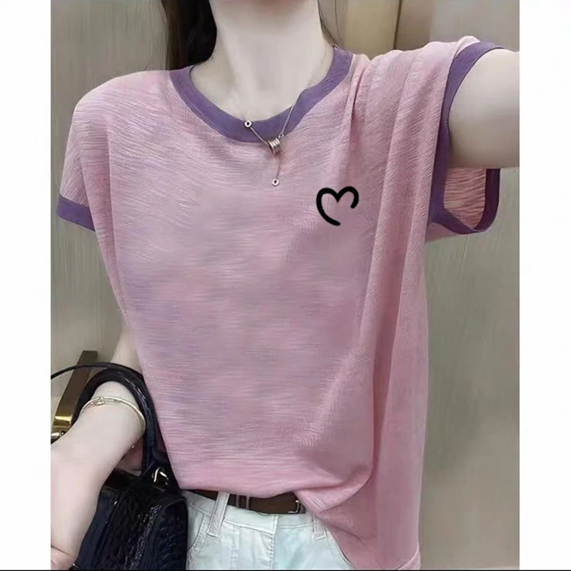 竹节纯棉女士t恤短袖夏季新款时尚百搭上衣宽松显瘦洋气胖mm小衫