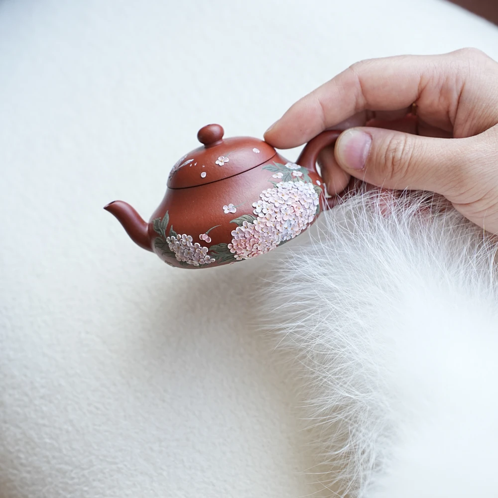 《预售》树见造物×余飞洋 | 《绣球矮梨》 朱泥 70CC 泥绘 紫砂 茶壶