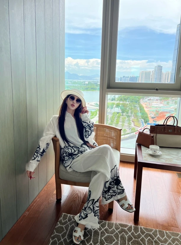 【粥粥高级定制】白玉兰山新中式水墨画花卉质感亚麻衬衫长裤套装