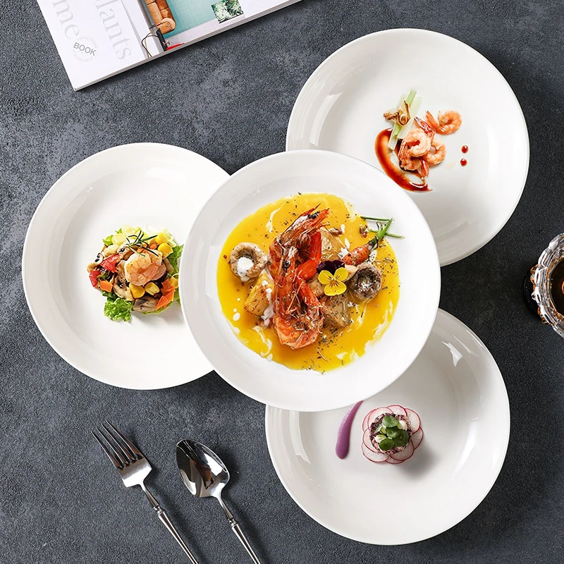 8.5英寸线纹深盘白色釉下彩盘子菜盘家用高级感深盘简约餐具4只装