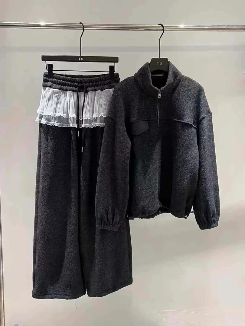 ZEMALA·新款加绒拼蕾丝裙套装