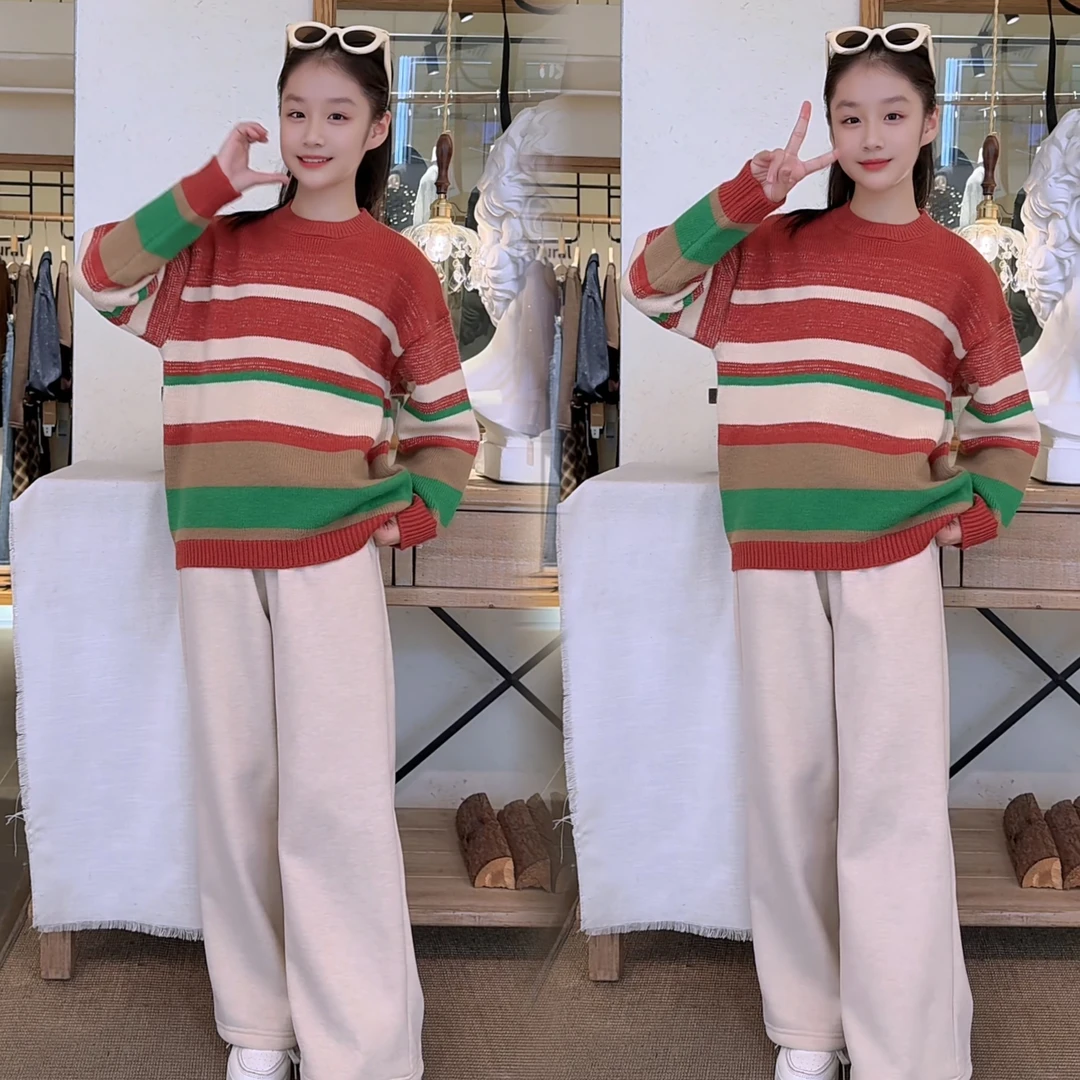 女童秋冬新款韩版圆领复古毛衣加绒百搭阔腿裤2025新款中大童