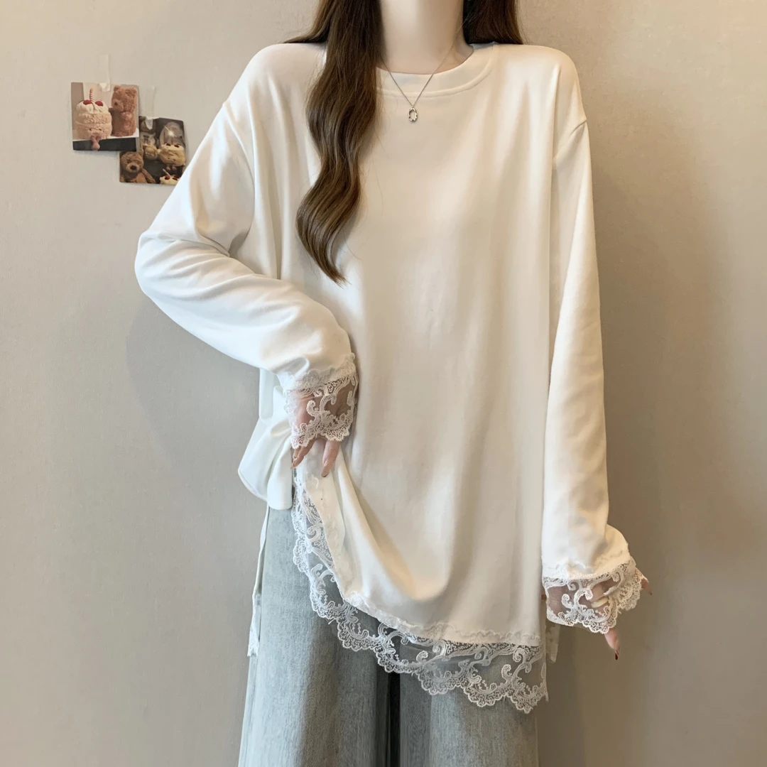 白色圆领拼接蕾丝边长袖T恤女大码胖mm韩系设计感休闲内搭打底衫