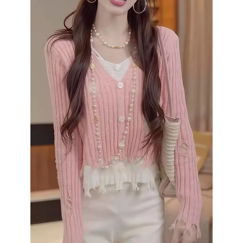 韩系镂空破洞长袖针织衫女春季新款减龄小香风假两件设计感女毛衣