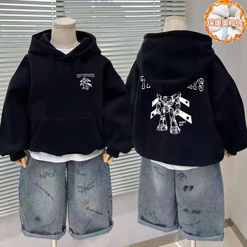 2025新款男童加绒保暖连帽卫衣中大童秋冬加绒帽衫儿童卡通上衣潮