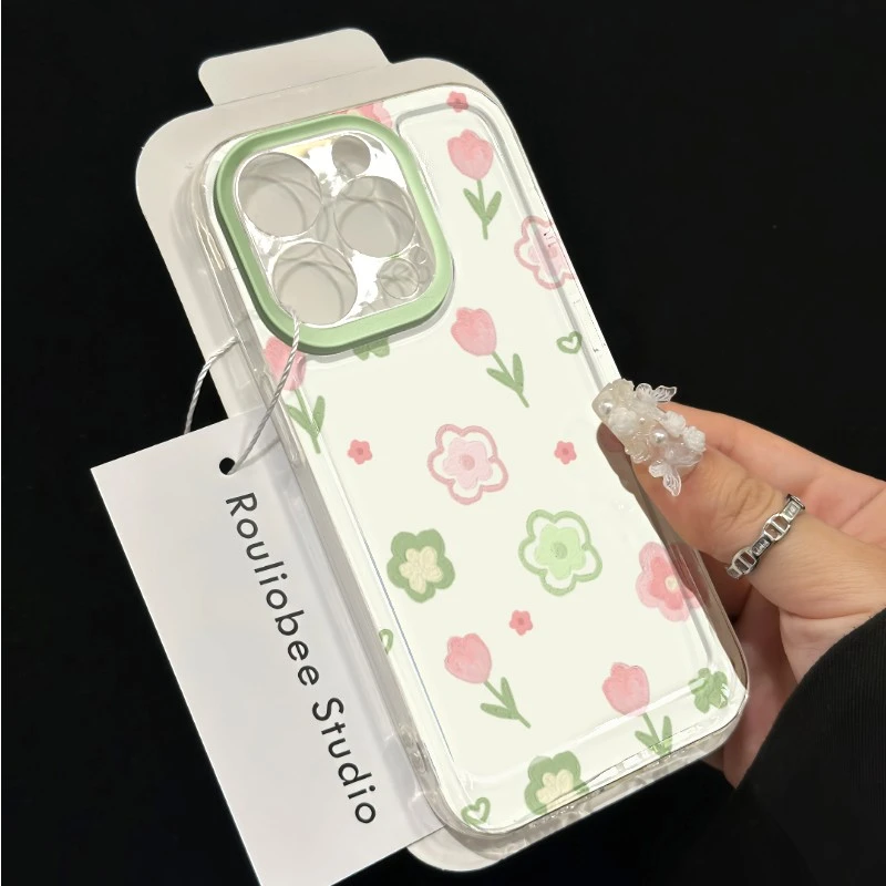绿花粉郁金香适用苹果16PROMAX手机壳iPhone15新款14小众13软壳12