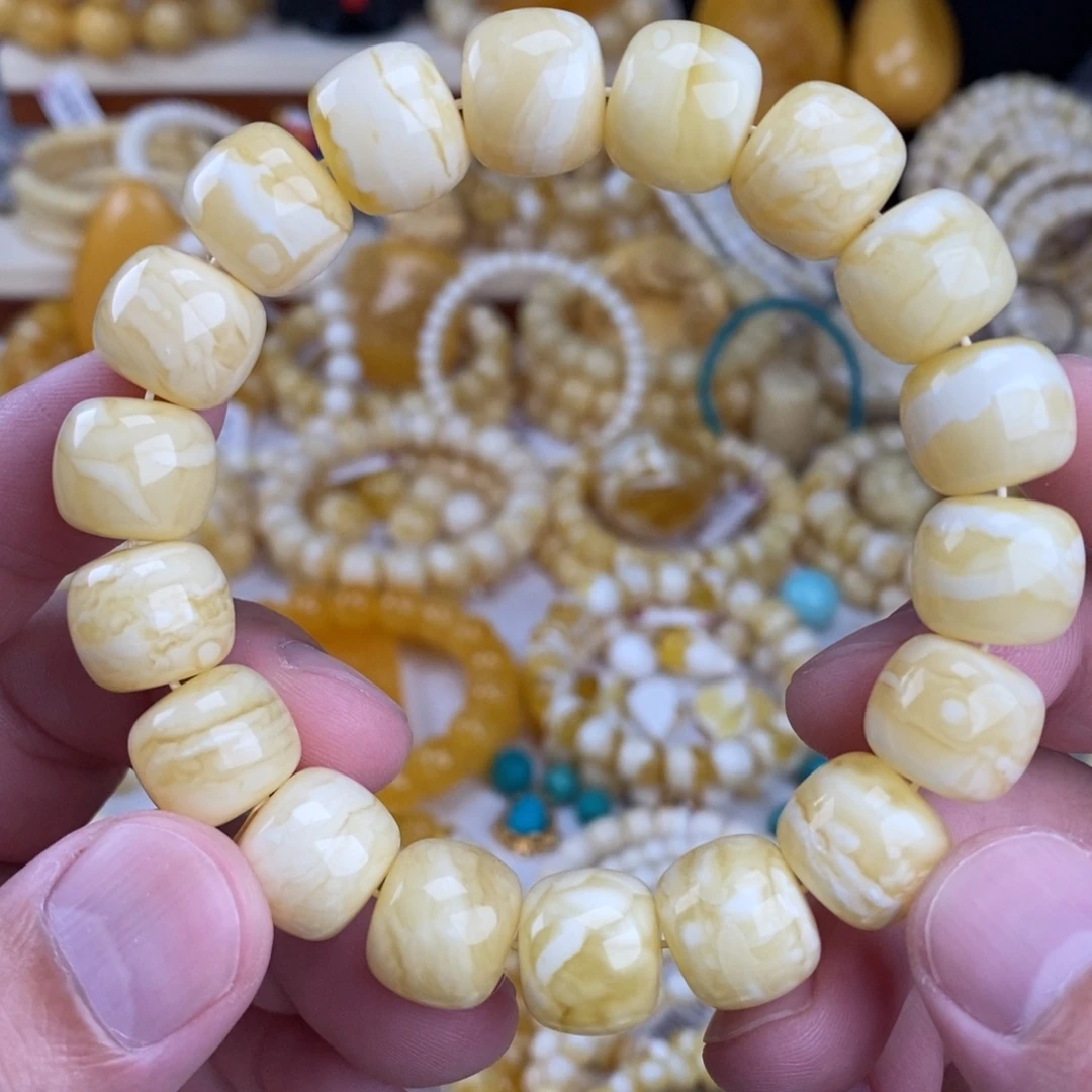 手链蜜蜡未镶嵌瓷白实底虎皮纹13.7mm