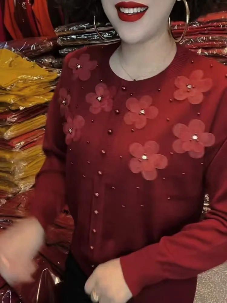 钉珠重工立体花朵2025针织衫秋新款宽松毛衣减龄妈妈上衣女