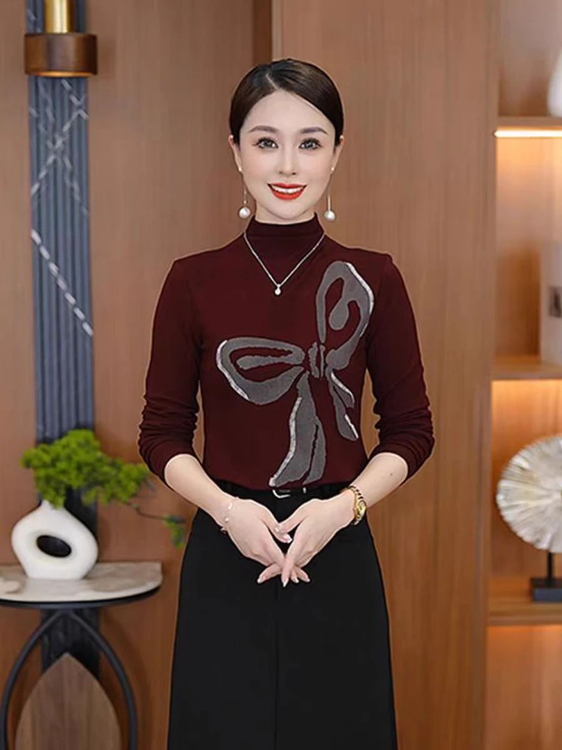 长袖59958【衣长55】蝴蝶结印花半高领纯色洋气宽松显瘦百搭T恤衫