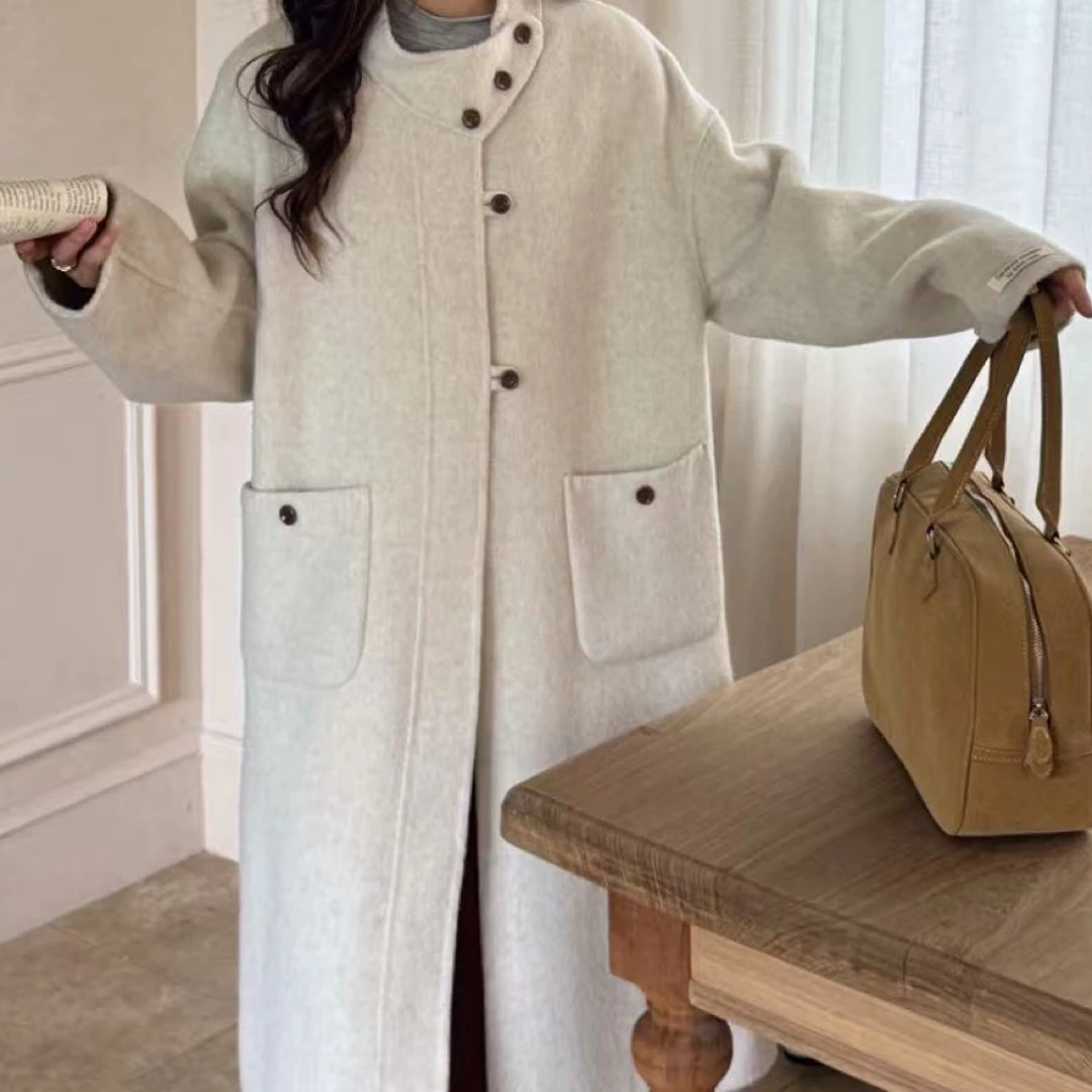 6109#长款双面羊毛大衣百搭显瘦款