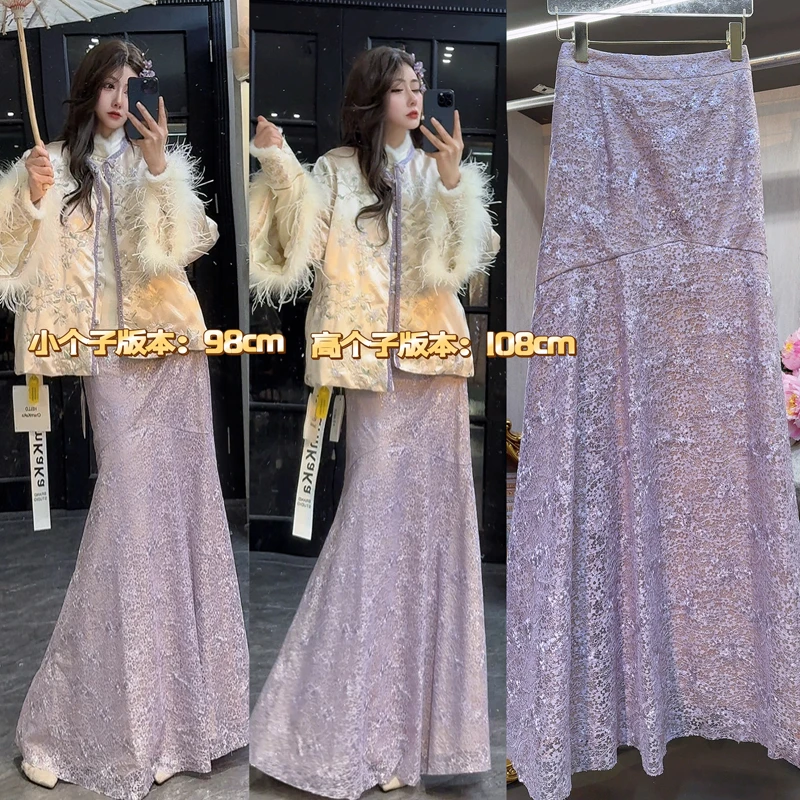 【茶语樱花】64122新中式蕾丝烫金半身裙