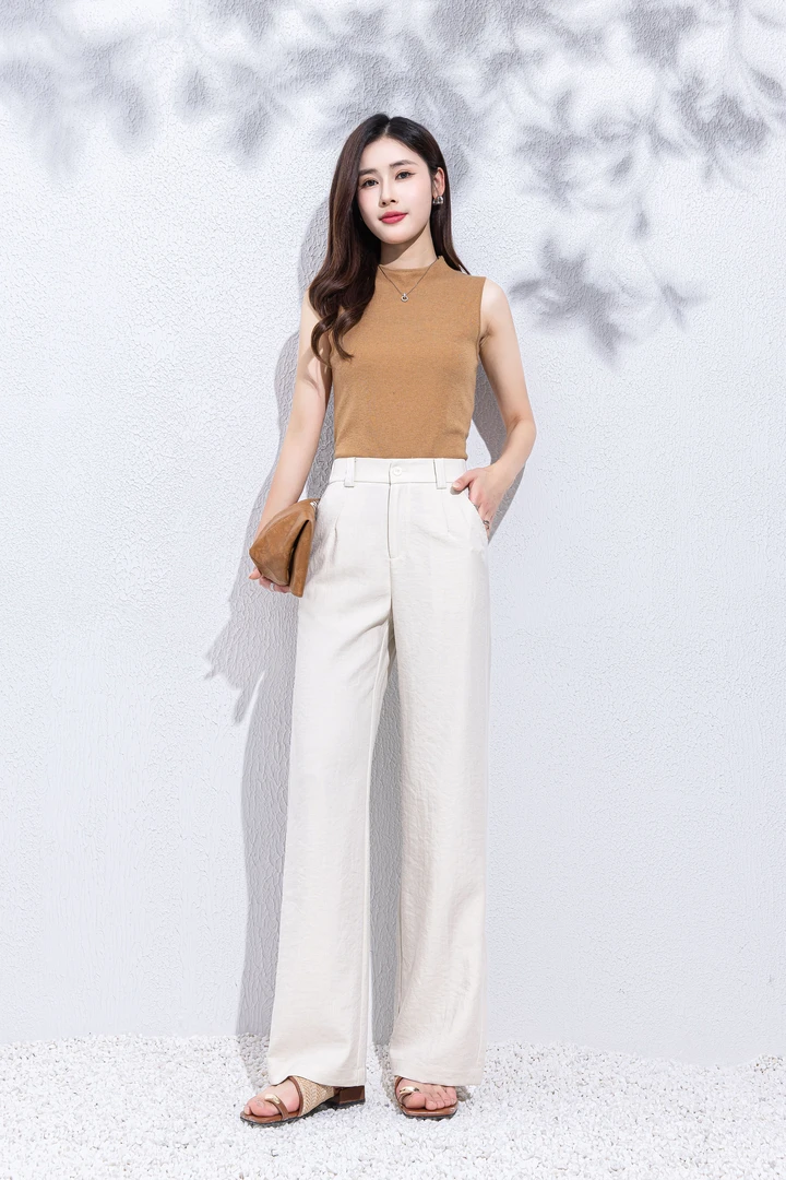 依仙圣姿薄款天丝亚麻直筒裤女夏季垂坠感高腰窄版阔腿女款长裤