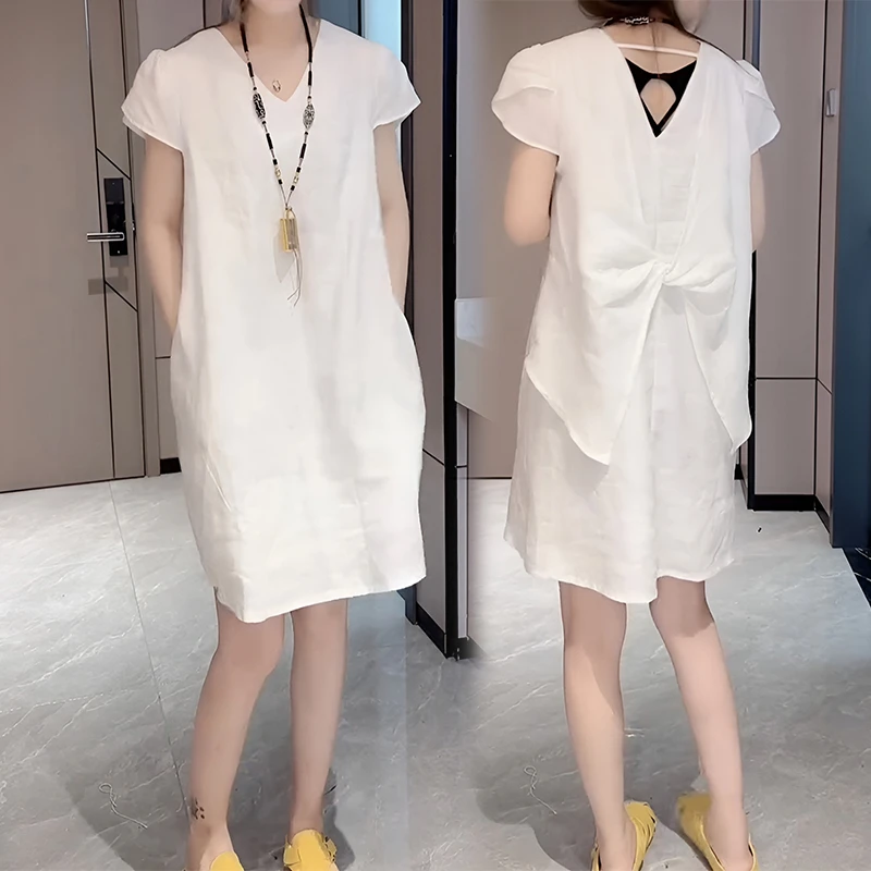 欧货大码短袖连衣裙女夏季2025高级感休闲背后蝴蝶结设计感直筒裙