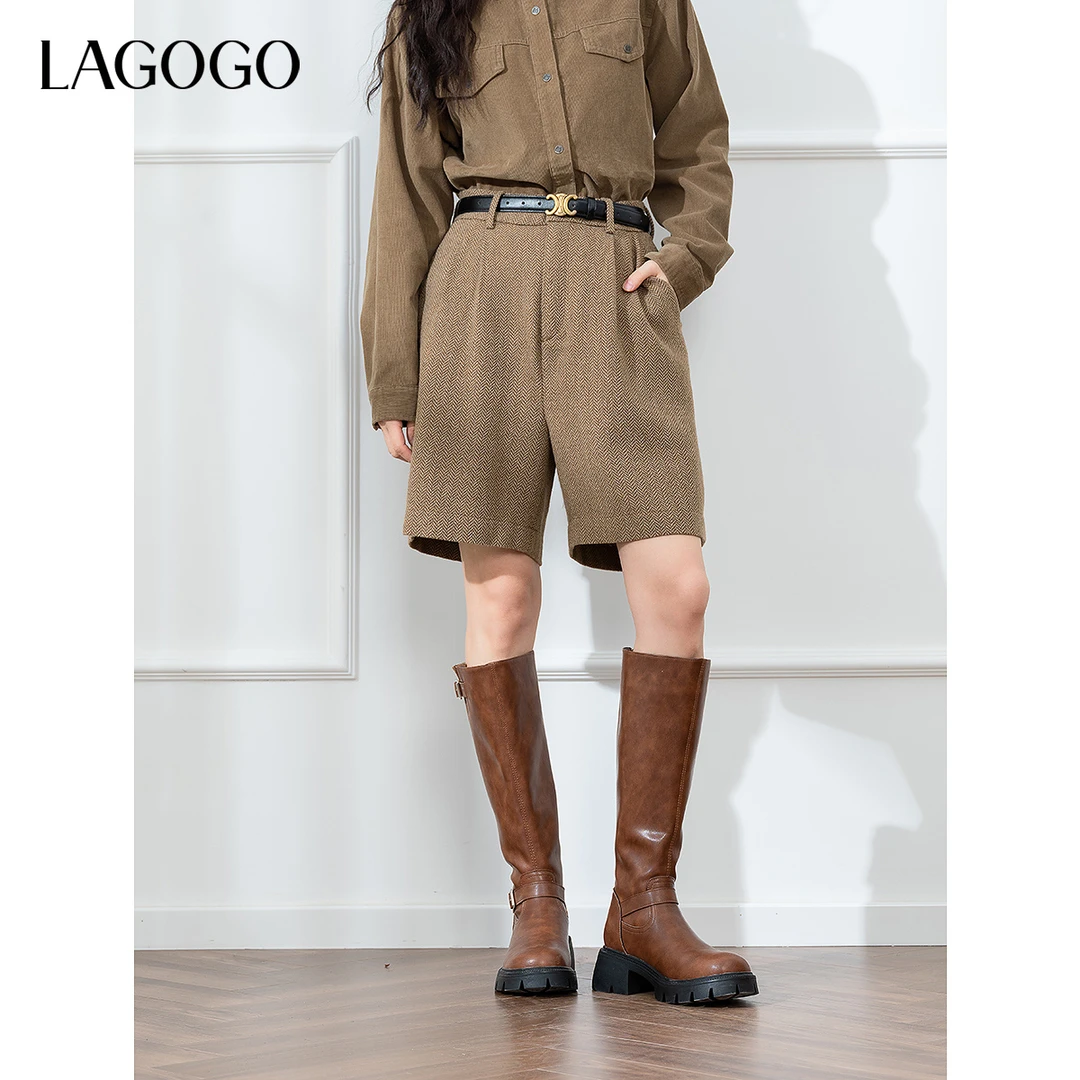 LAGOGO高腰显瘦巴恩风短裤女拉谷谷新款含羊毛五分裤NCKK239G16