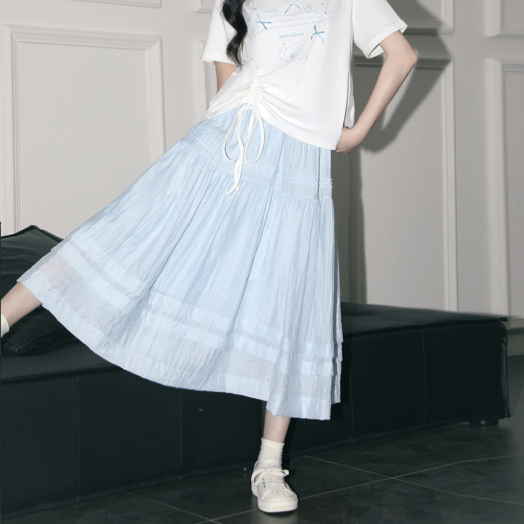 蓝色法式蛋糕半身裙女夏季2025春新款高腰显瘦A字伞裙垂感百褶裙