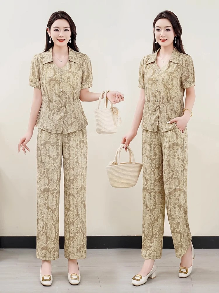 时尚洋气质短袖直筒裤两件套女2025夏季新款休闲宽松减龄薄款套装