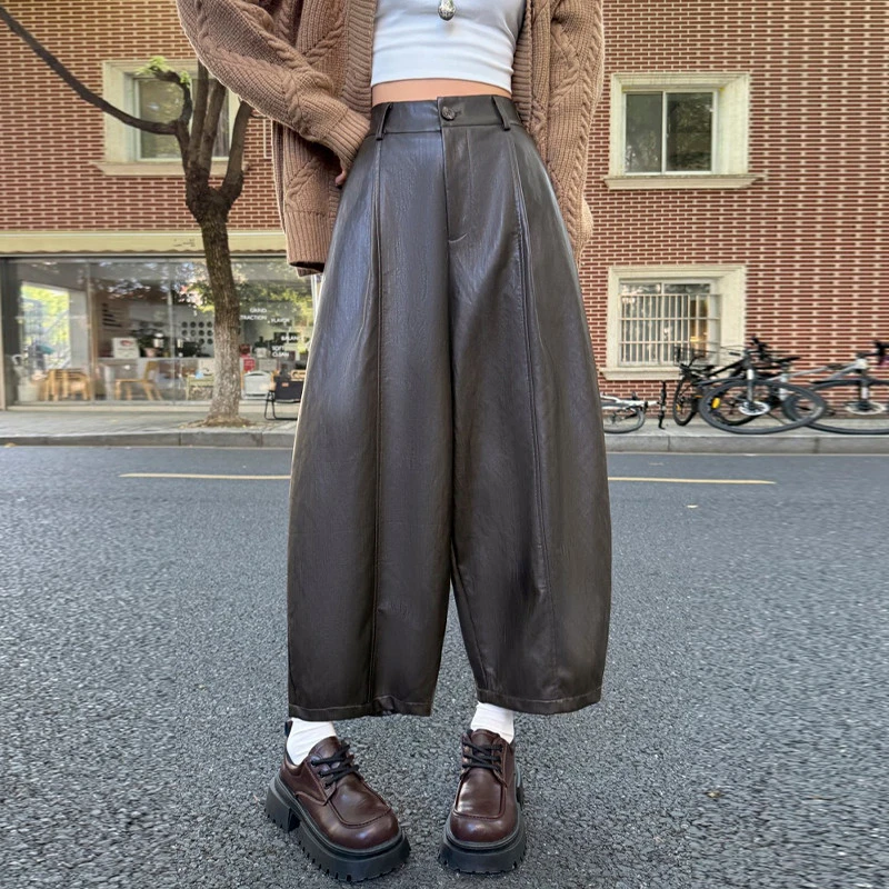 美拉德高级感九分pu皮裤女秋冬宽松休闲弯刀裤小个子高腰阔腿靴裤