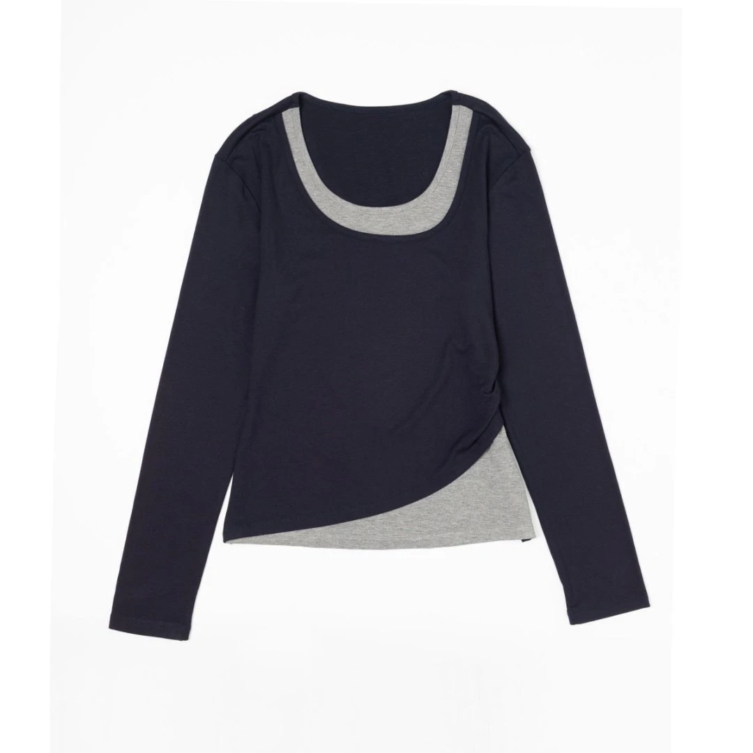 B8008秋季新款复古小众设计拼接假两件长袖打底上衣