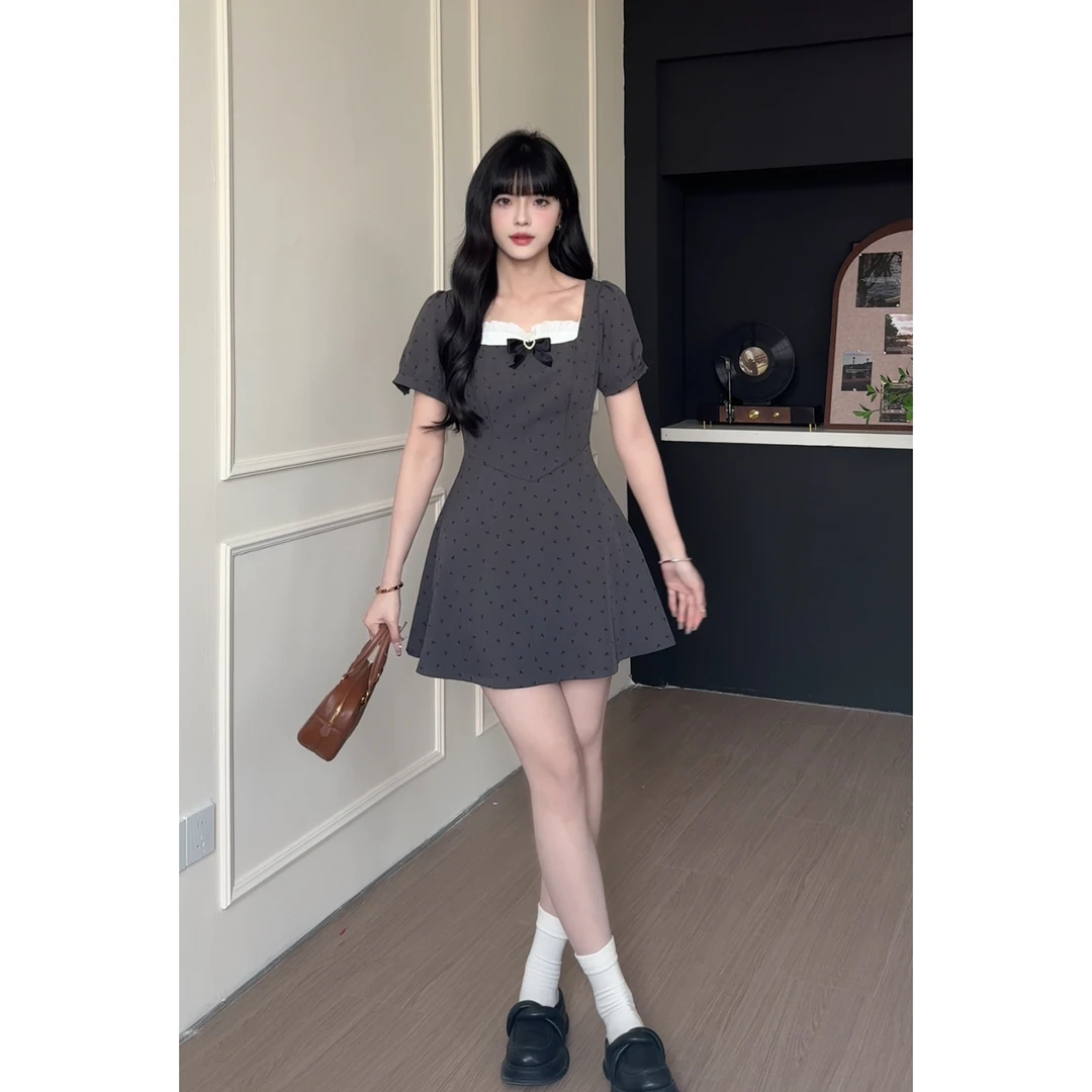 RICHINCHEESE 心情海洋 法式蝴蝶结设计感A字碎花收腰显瘦连衣裙