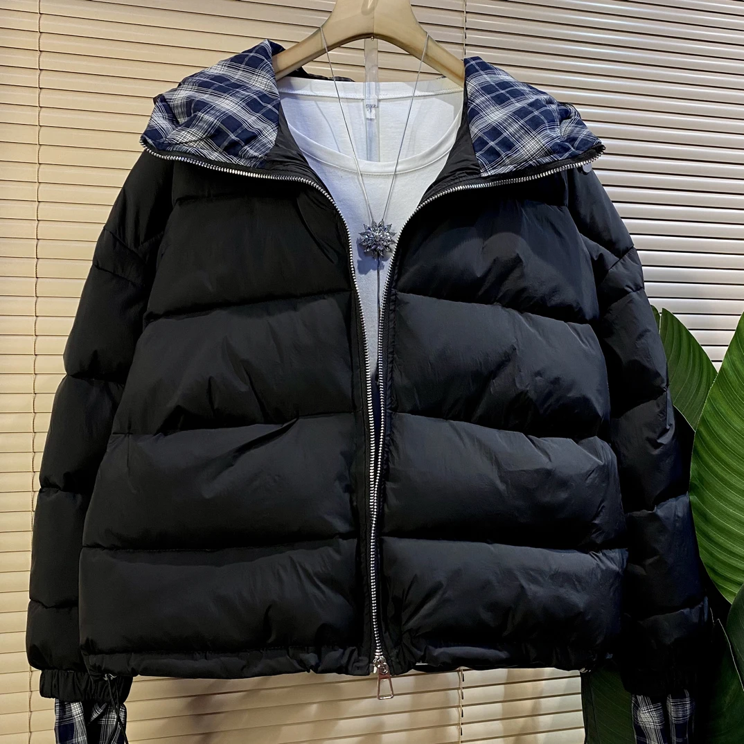 H欧货新款时尚韩版连帽拼格百搭棉服外套