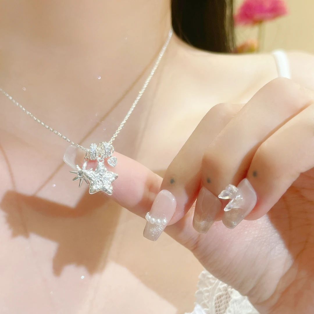 铜项链 小众ins设计锤纹星星八芒星锆石圆环爱心清冷感银色项链