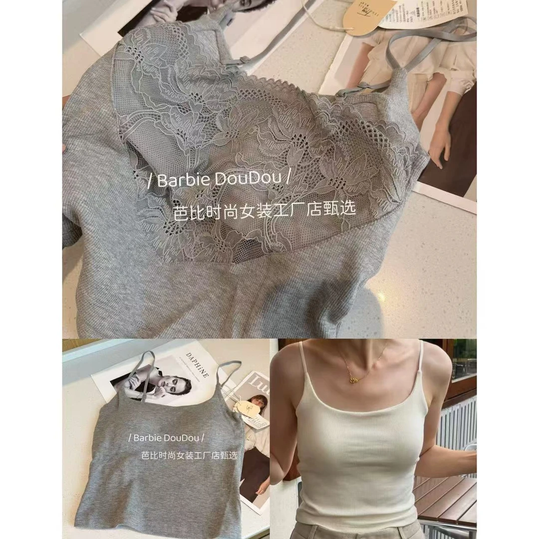 9816 早秋新款拼接蕾丝氛围感带胸垫外穿背心