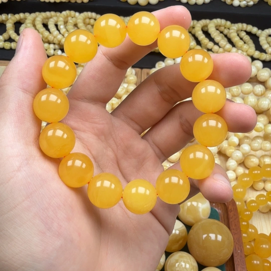 手串蜜蜡未镶嵌14+焦皮料鸡油红圆珠手串