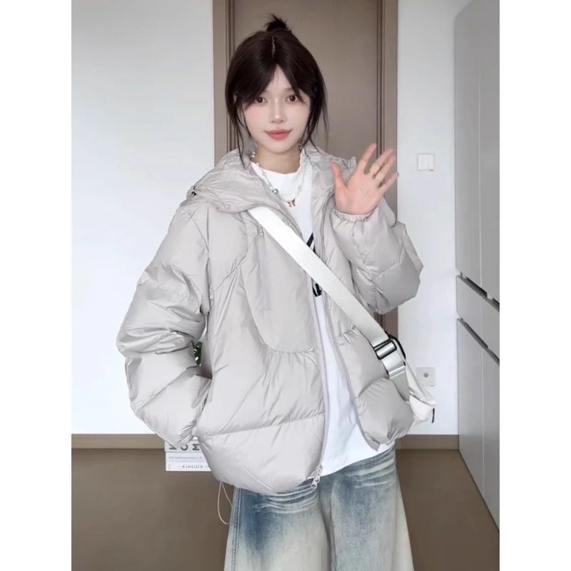 椰白色连帽棉服冬季2025新款宽松短款拉链国潮牌保暖加厚棉衣外套