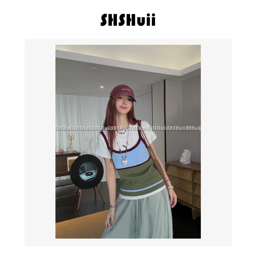 IN.SHuii【青空橄榄】韩系凉感拼色针织短袖T恤真两件/pasd