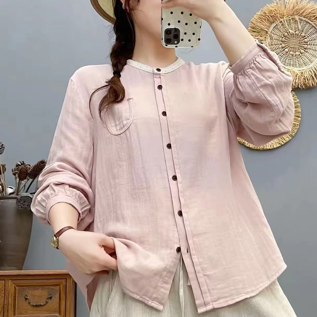 秋季花边圆领设计感纯棉时尚长袖衬衫衬衣女文艺减龄6275